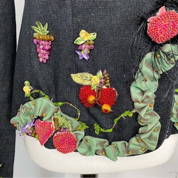 42. Mary Frances Beaded Ribbon Fringe Black Denim Jacket - Picture 2 of 15